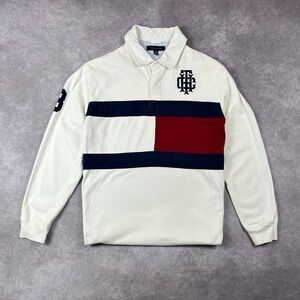 [212] Vintage TOMMY HILFIGER Big Embroidered Flag Polo Sweatshirt M Size